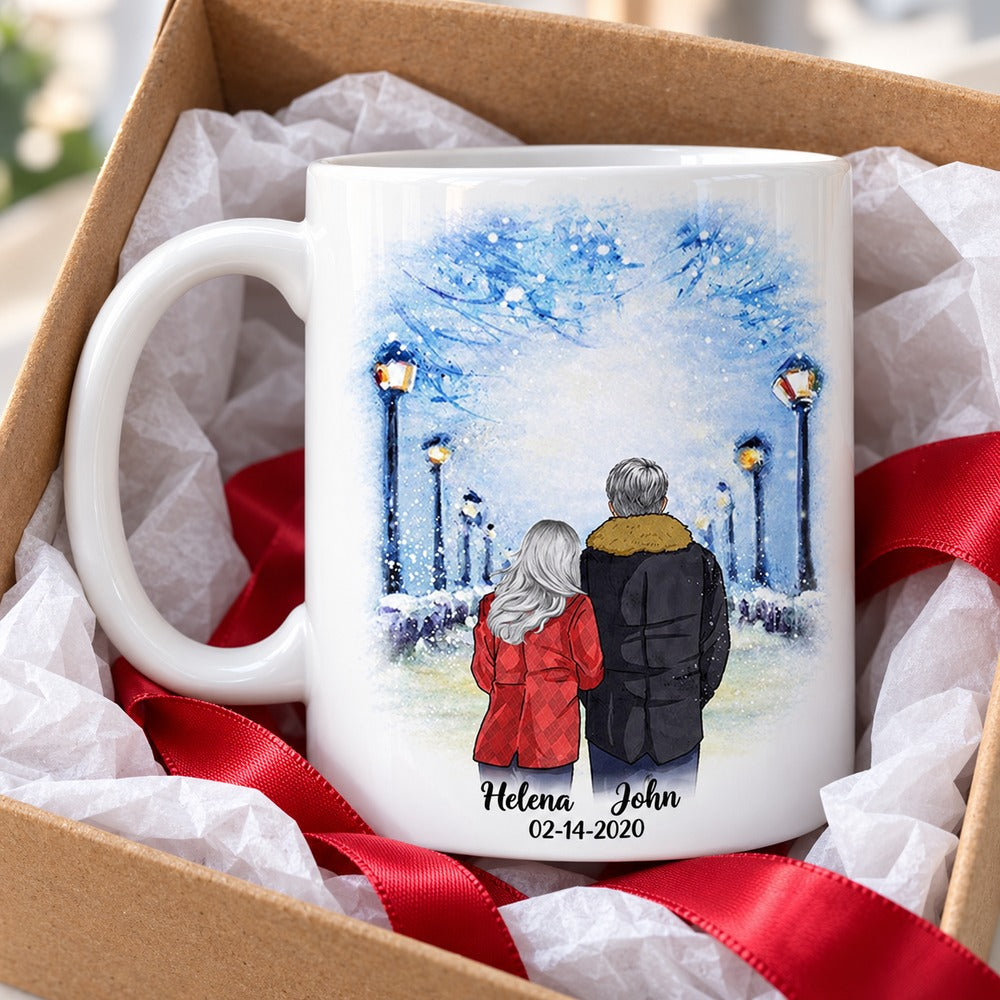 Personalized boyfriend couple mug in open gift box with ribbon