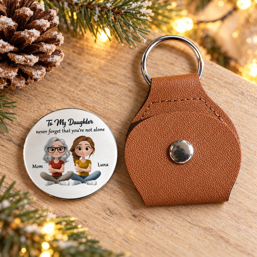Personalized To My Daughter leather pocket hug coin and brown pouch in a festive holiday setting