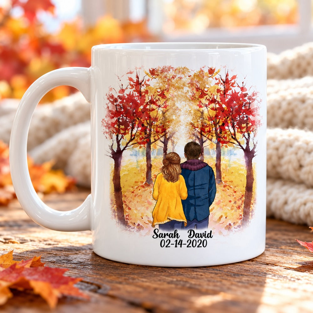 Personalized To My Husband autumn couple mug on rustic wood table with fall leaves