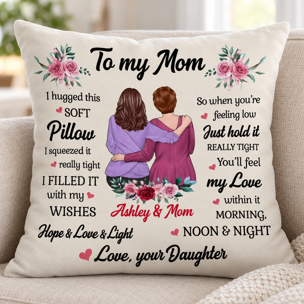 Close-up detail of crystal velvet fabric texture and print on personalized Mom pillow