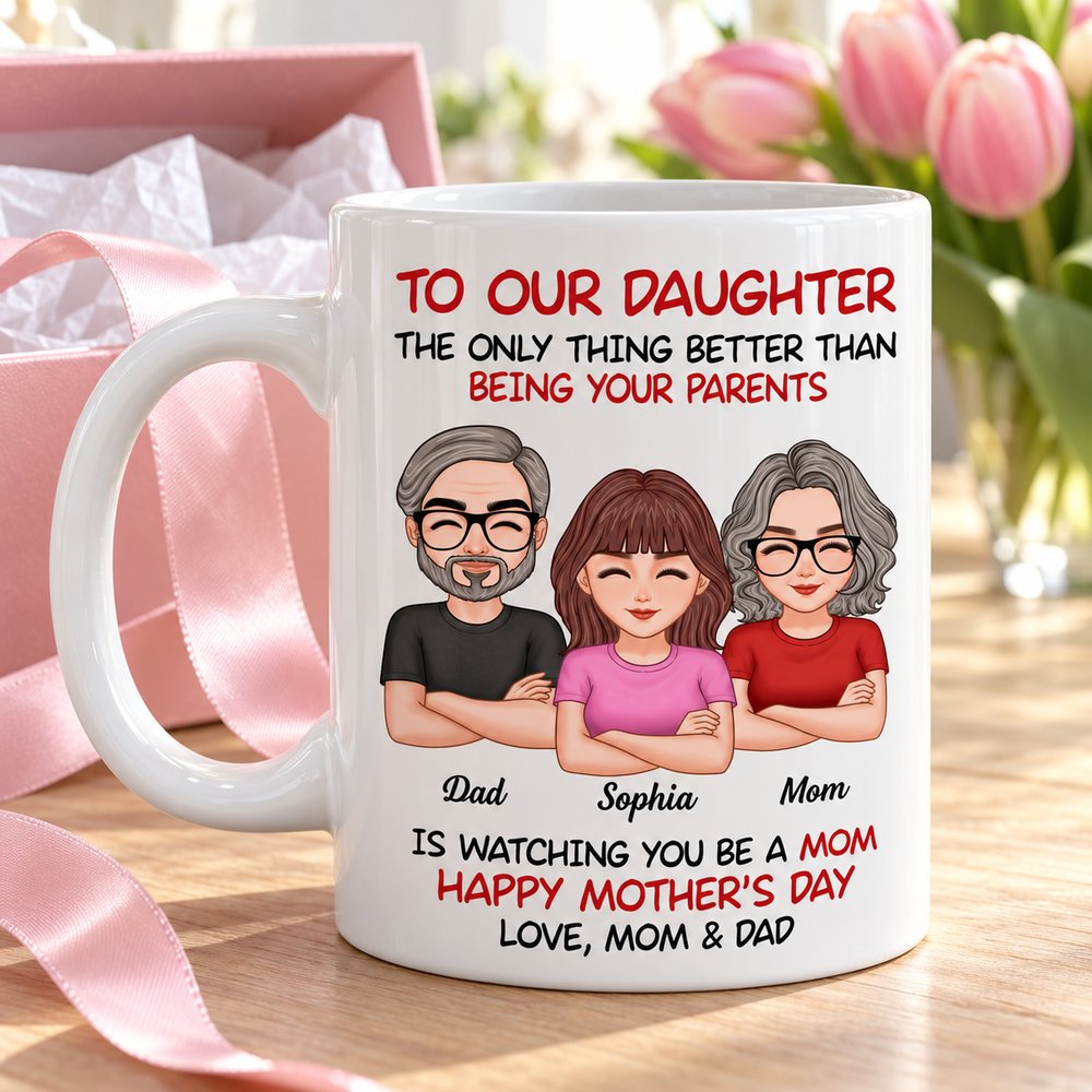 Custom Mother's Day mug for daughter presented next to a gift box and fresh tulips on a wooden table