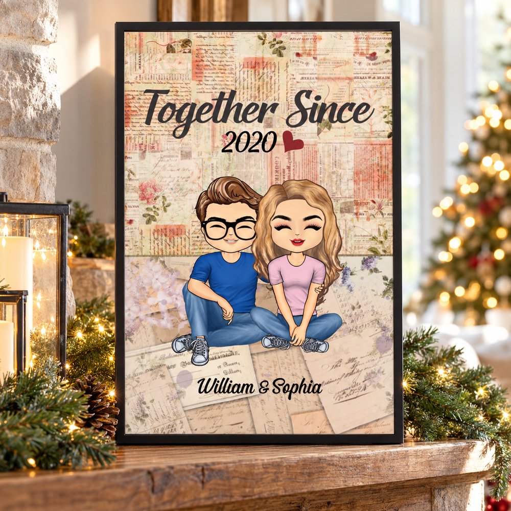 Together Since personalized couple canvas print on holiday mantel with pine garland