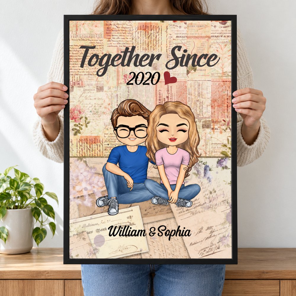 Hands holding 16x24 Together Since personalized couple canvas print for size scale