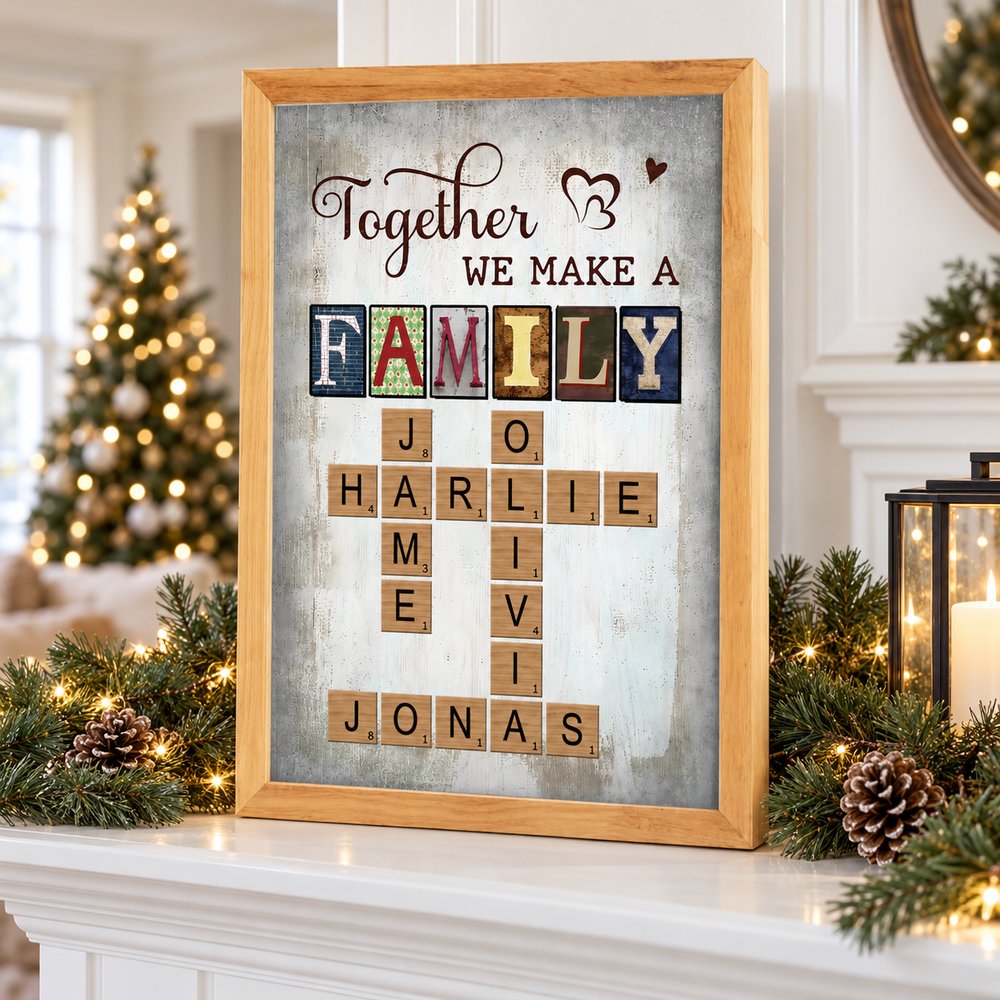 Together We Make A Family crossword framed print on a holiday fireplace mantel with Christmas decor