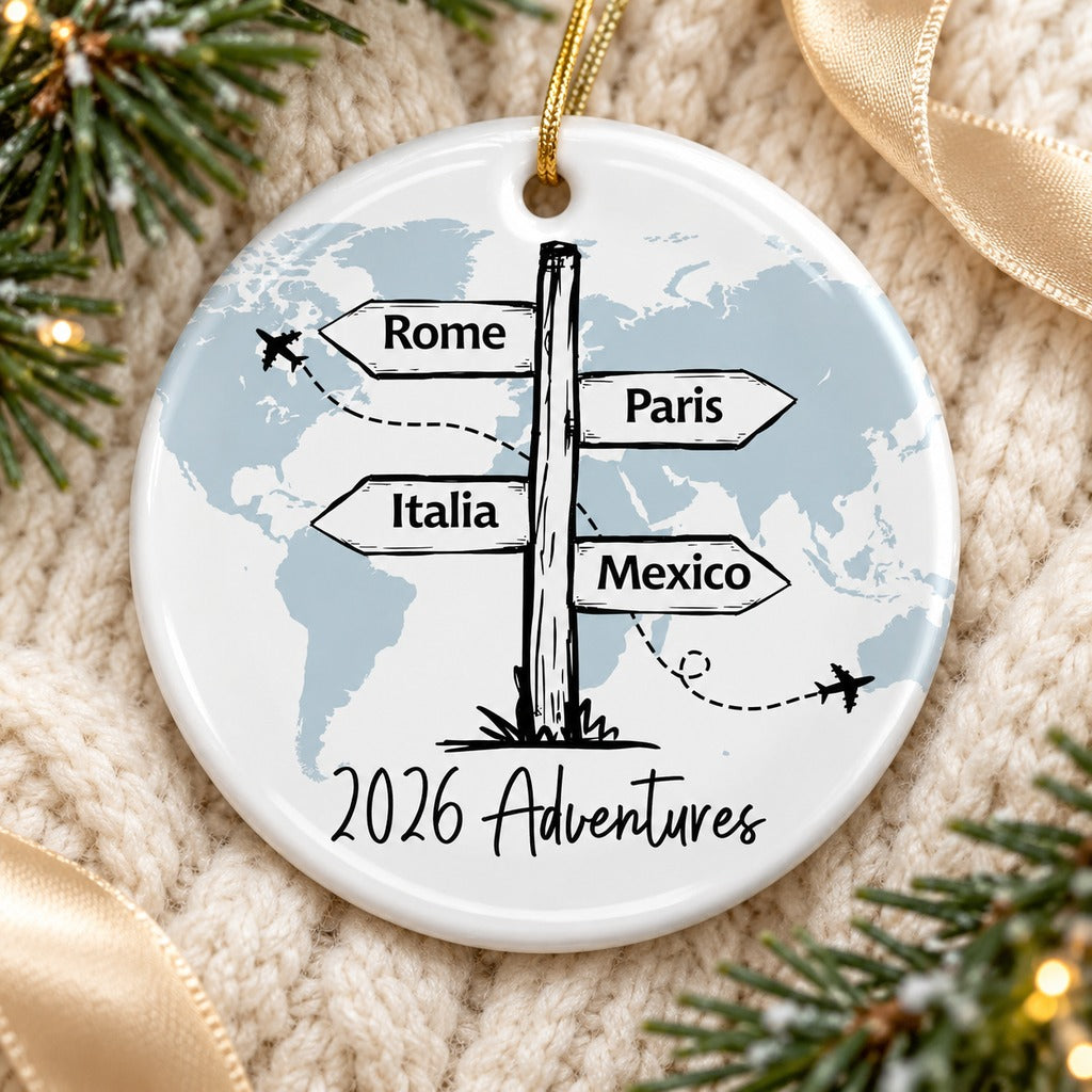 Travel All Around The World ceramic Christmas ornament resting on a cozy cream knit surface