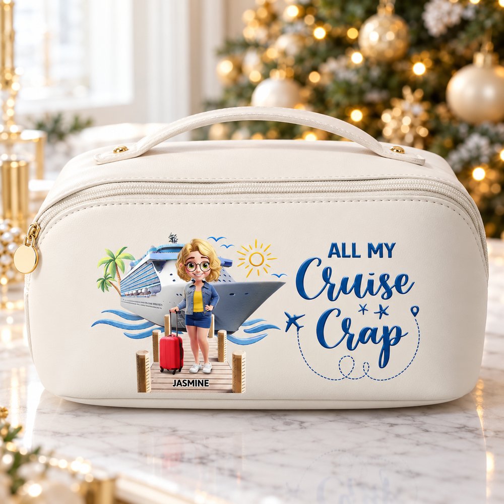 Personalized cruise leather makeup bag on a bright vanity with a holiday tree in background
