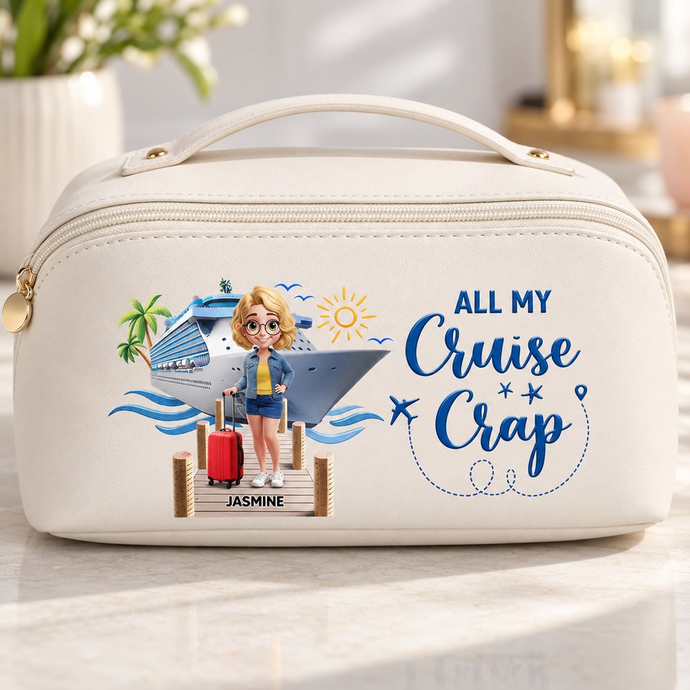 Close-up detail of the pebble leather texture and vibrant cruise print on the makeup bag