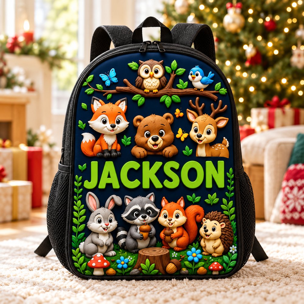 Personalized woodland animal kid backpack standing near a Christmas tree in bright morning light