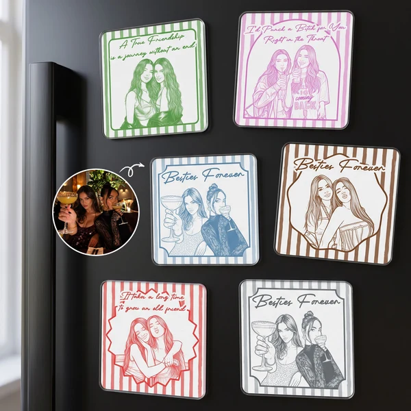 Custom Photo Pencil Sketch Besties Forever - Personalized Acrylic Fridge Magnet - Gift For Her, Besties, Friends, Sister