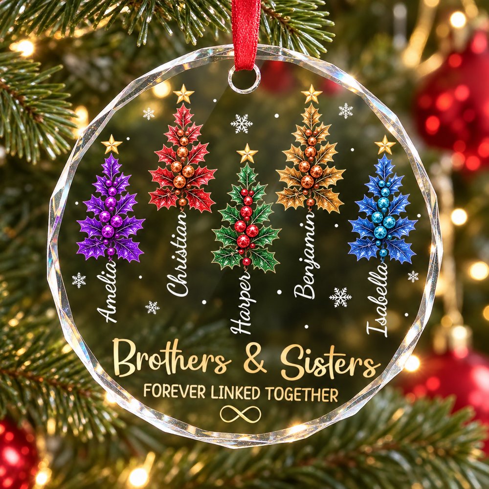 Personalized Brothers and Sisters circle glass ornament hanging on a Christmas tree branch