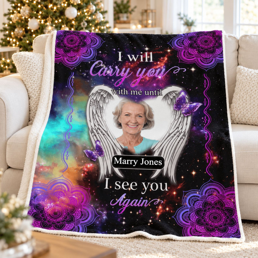 Custom photo memorial blanket draped on a sofa near a Christmas tree