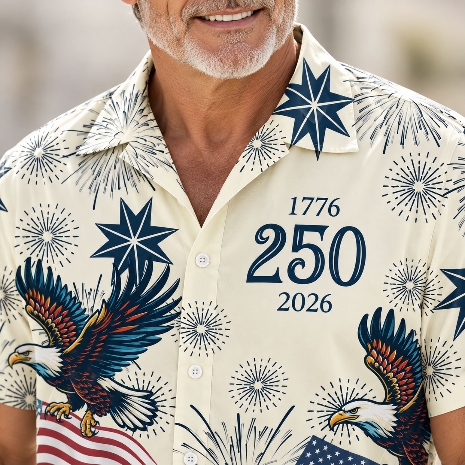 Close-up detail of 1776 250 2026 print and fabric on Hawaiian shirt