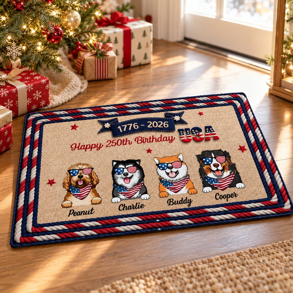 Patriotic dog lovers personalized doormat in a bright holiday living room near a Christmas tree
