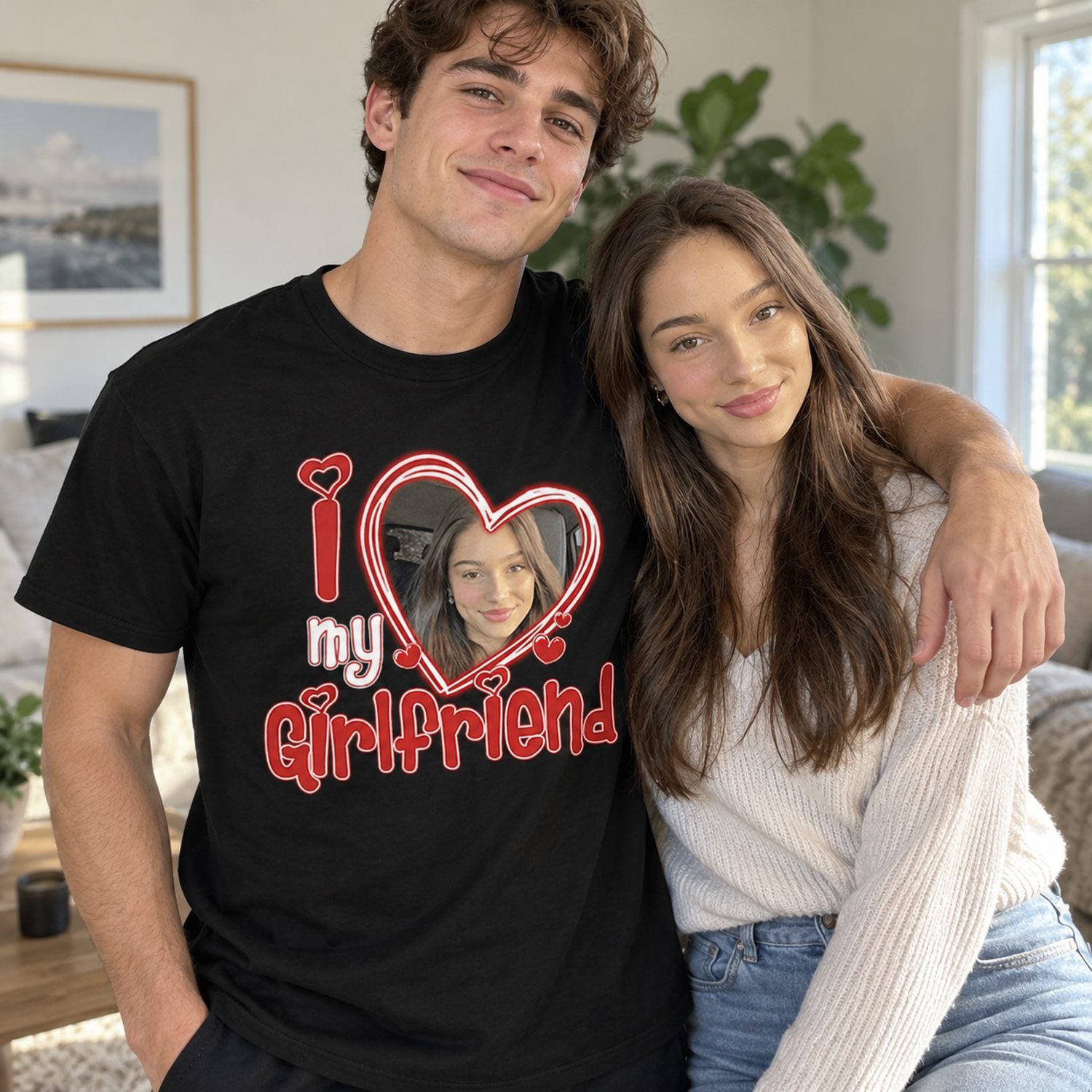 Boyfriend wearing Custom Photo I Love My Girlfriend black t-shirt with his partner in bright room