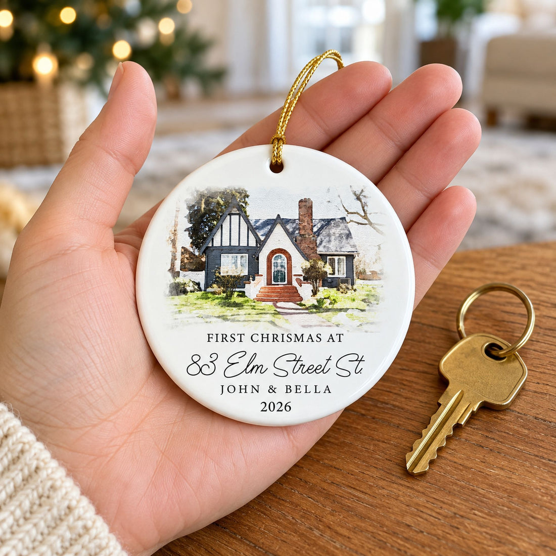 3x3 inch personalized new home ceramic ornament held in hand for size reference
