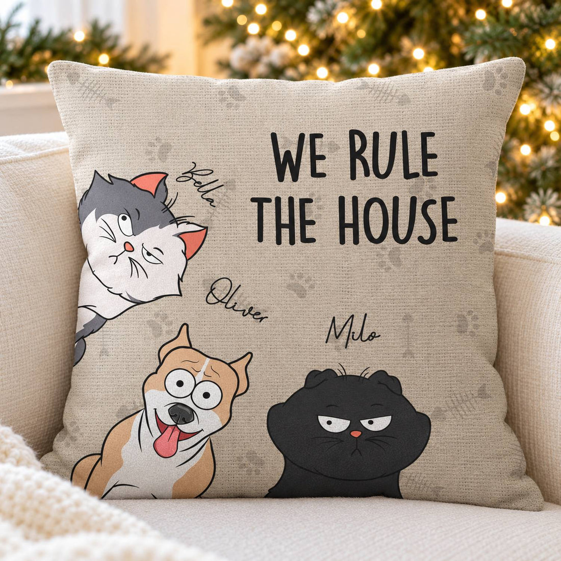 Personalized We Rule The House dog and cat throw pillow on a cozy holiday sofa