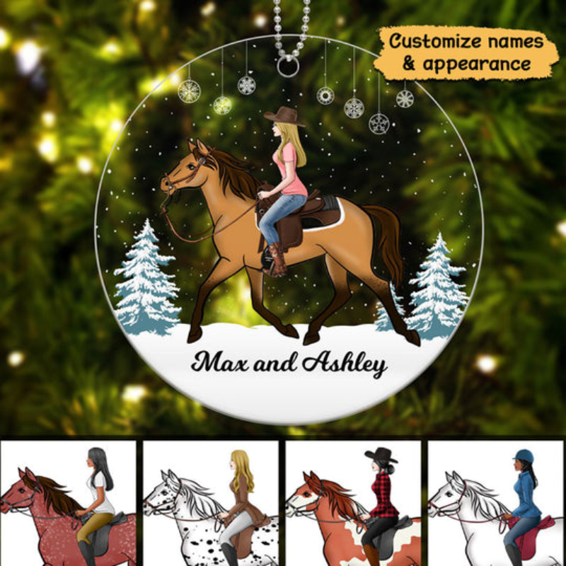 Personalized Girl Riding Horse In Snow circle acrylic ornament, main view