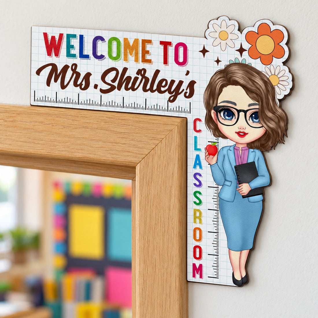 Personalized teacher door corner wood sign mounted on a classroom wooden door frame