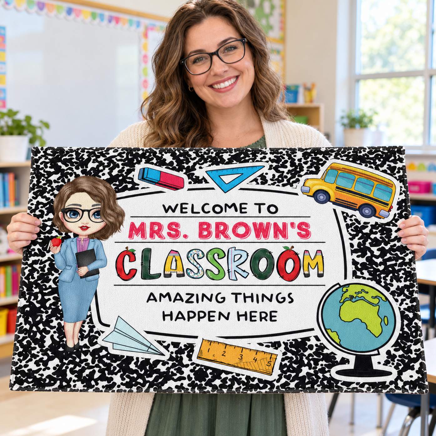 Female teacher happily holding her personalized Welcome To My Classroom doormat
