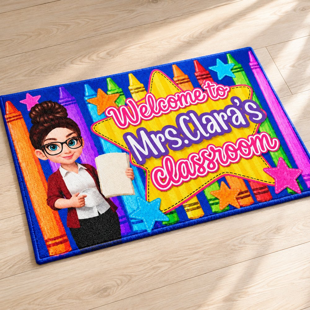 Close up of personalized teacher classroom doormat showing polyester felt texture and stitched edge