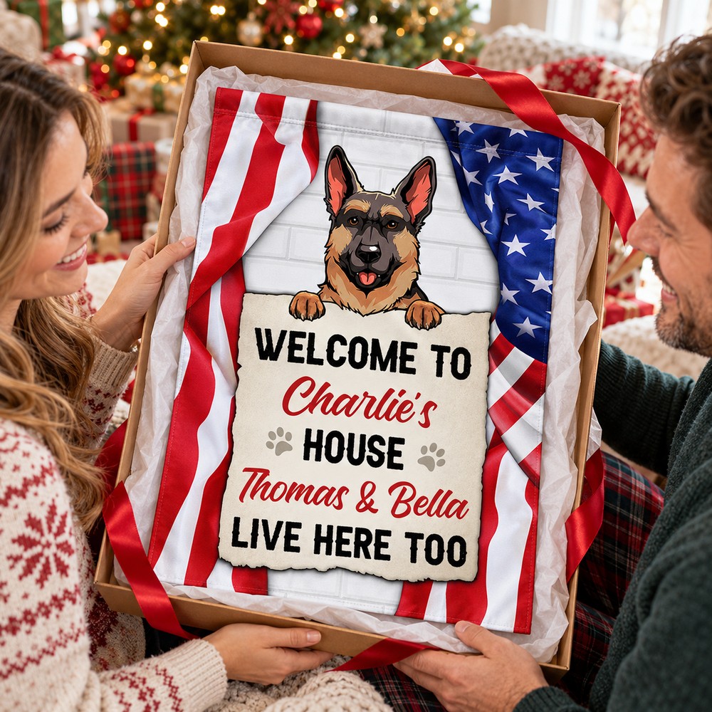 Personalized dog lover garden flag neatly folded in a holiday gift box with red ribbon