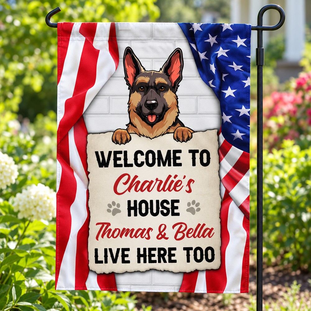Close-up of woven fabric texture and printed lettering on personalized dog garden flag