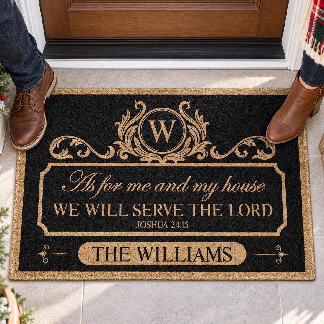 Couple stepping onto personalized Joshua 24:15 Christian family doormat at front door