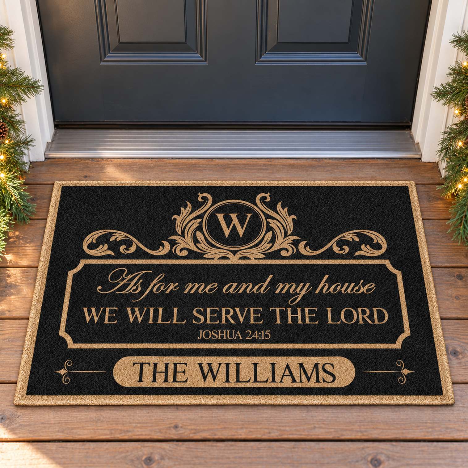 Personalized Christian family doormat with Williams name at holiday front door with pine garland