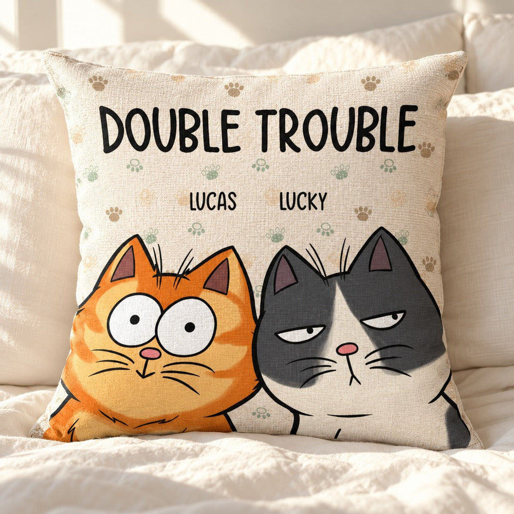Custom Lucas and Lucky cartoon cat pillow propped on a bright cozy bed