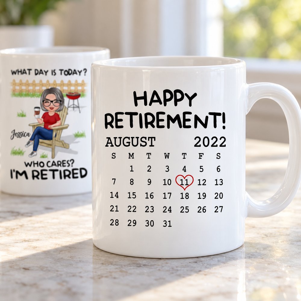 Close up detail of Happy Retirement calendar print on glossy white ceramic mug