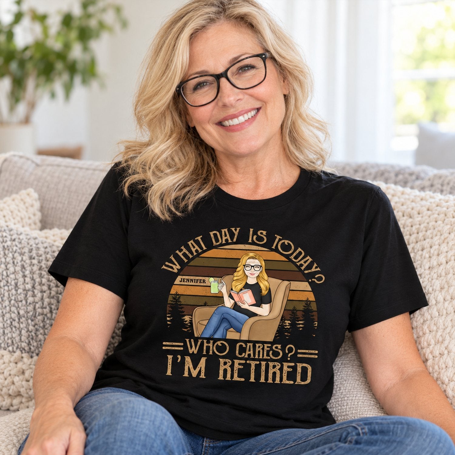 Retired woman wearing personalized What Day Is Today Who Cares Im Retired reading t-shirt