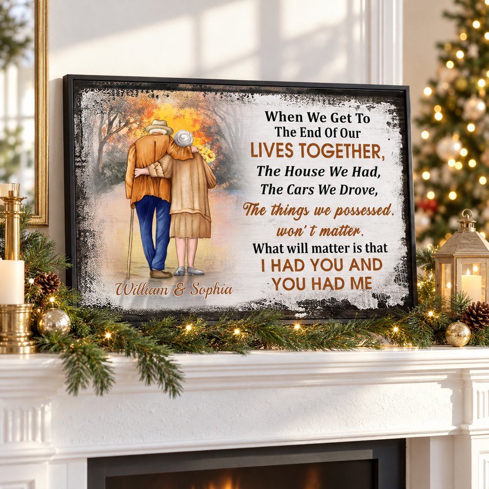 Personalized old couple canvas print on a holiday fireplace mantel with pine garland