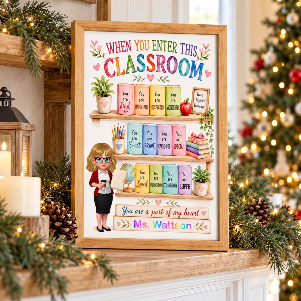 Teacher affirmation framed canvas print displayed in a bright holiday living room setting
