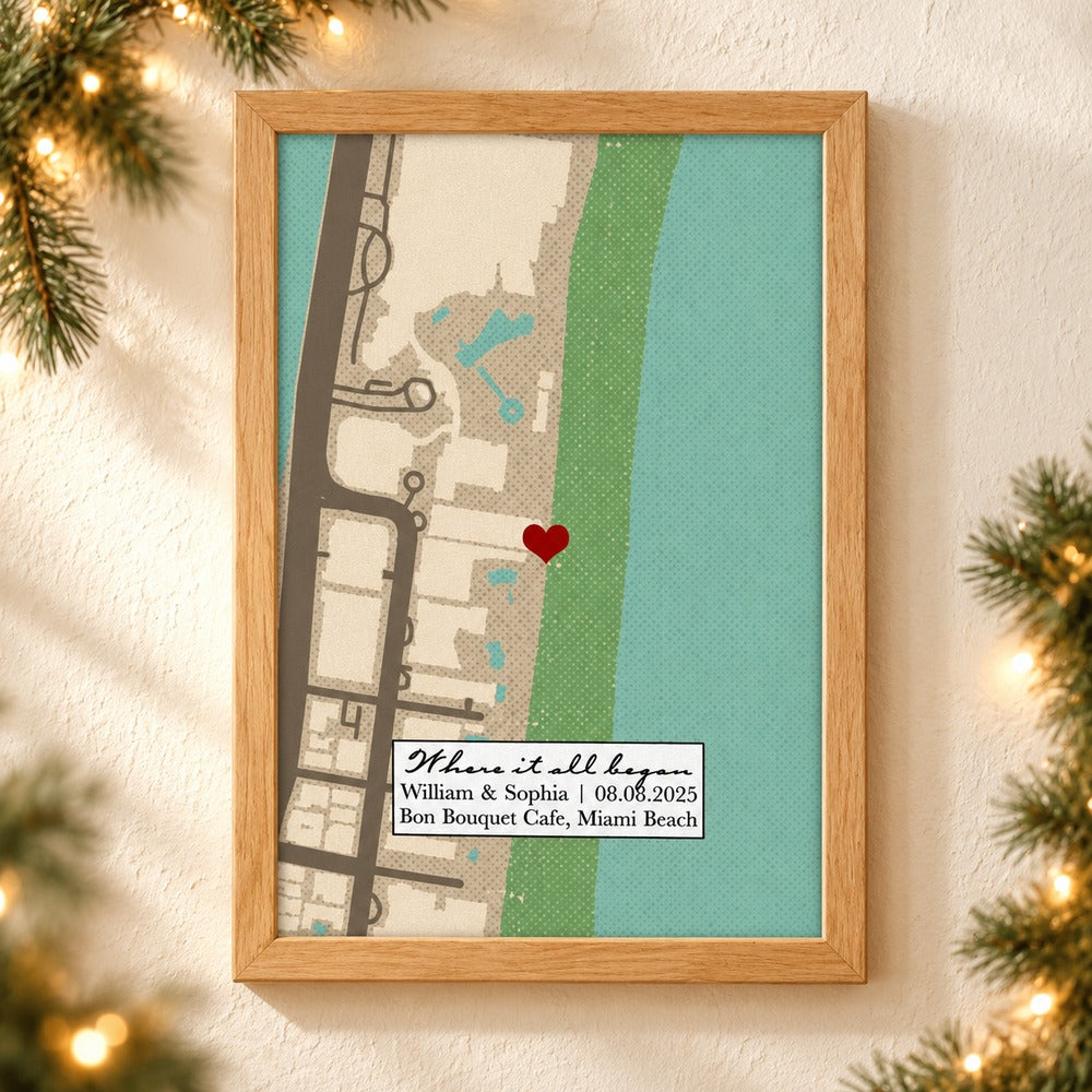 Personalized Where It All Began couple map framed print on a wall with holiday garland and lights