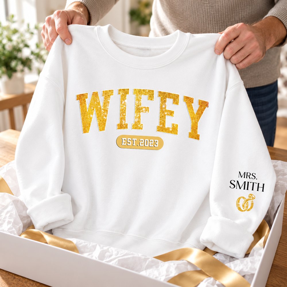 Hands unboxing personalized Wifey sleeve printed sweater from a holiday gift box