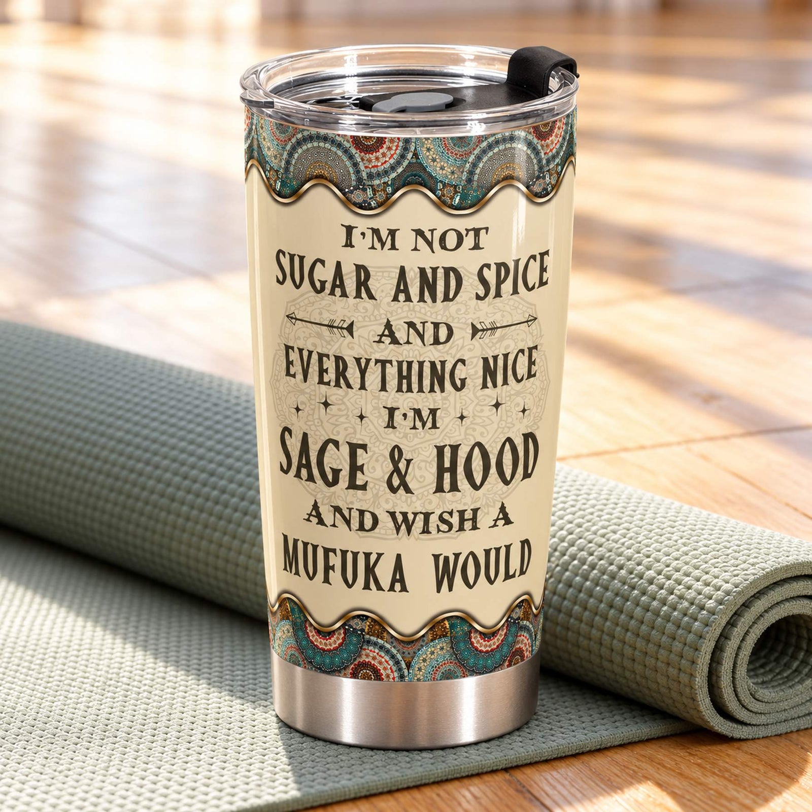 Custom yoga quote 20oz fat tumbler resting on a yoga mat in bright morning light