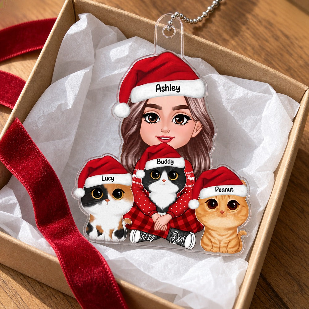 Custom cat lover acrylic Christmas ornament with Ashley Lucy Buddy Peanut nestled in an open gift box
