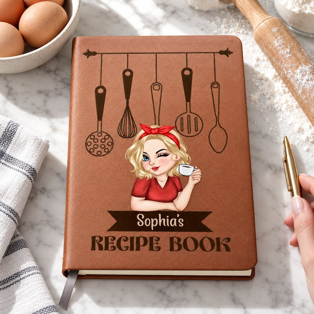 Personalized brown leather recipe journal lying on a kitchen counter with baking ingredients