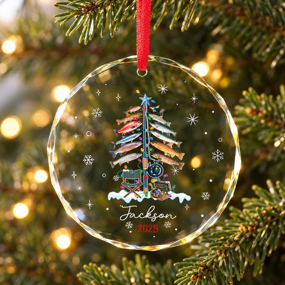 Personalized fishing lover circle glass ornament Jackson 2025 hanging on a Christmas tree branch