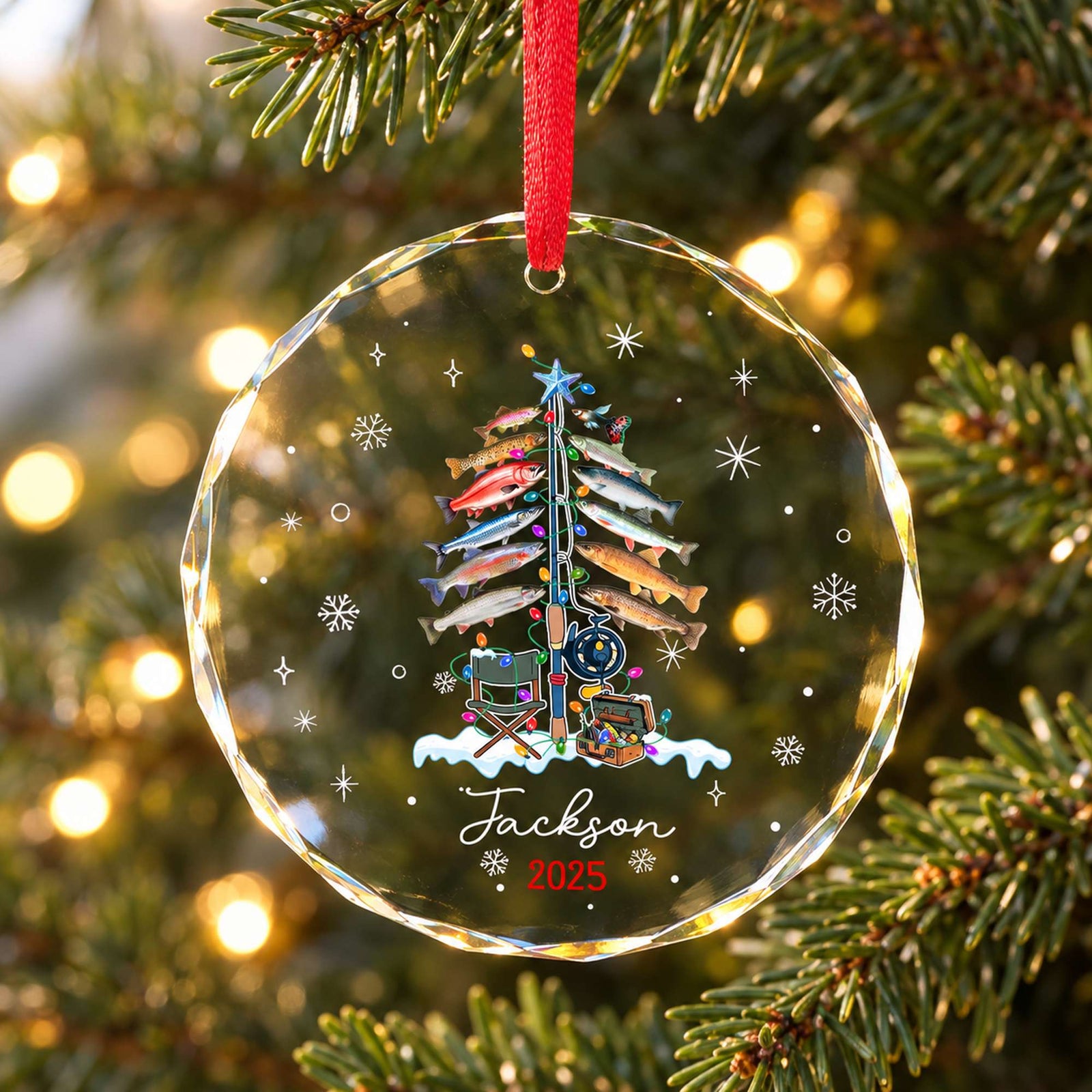 Personalized fishing lover circle glass ornament Jackson 2025 hanging on a Christmas tree branch