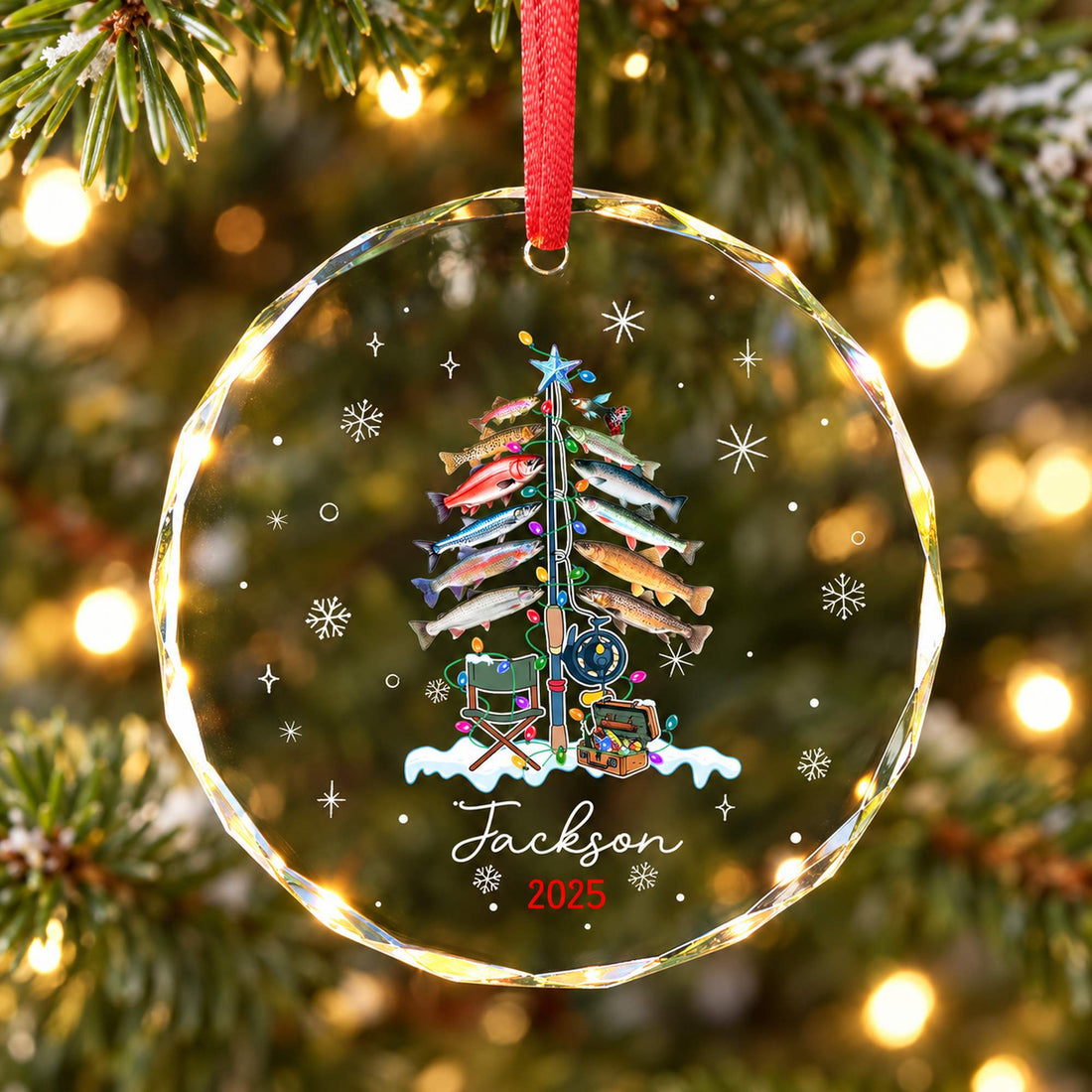 Macro closeup of faceted glass edge and printed fish tree artwork on fishing Christmas ornament