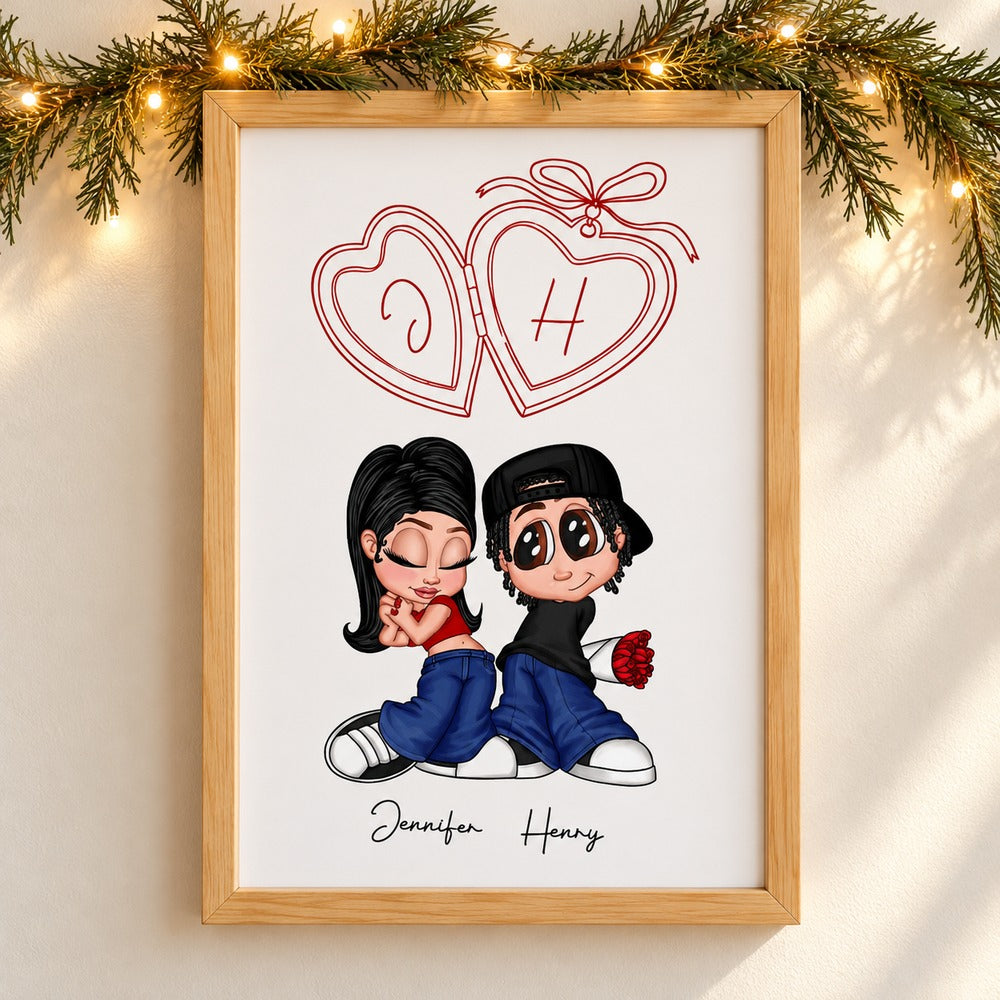 Y2K Couple Heart Locket personalized framed poster hanging on wall with holiday garland