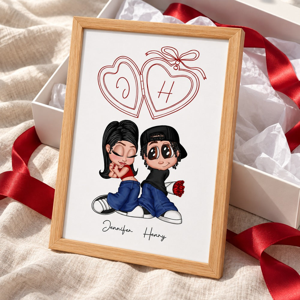 Personalized Y2K Couple Initial Heart Locket framed print next to gift box with red ribbon