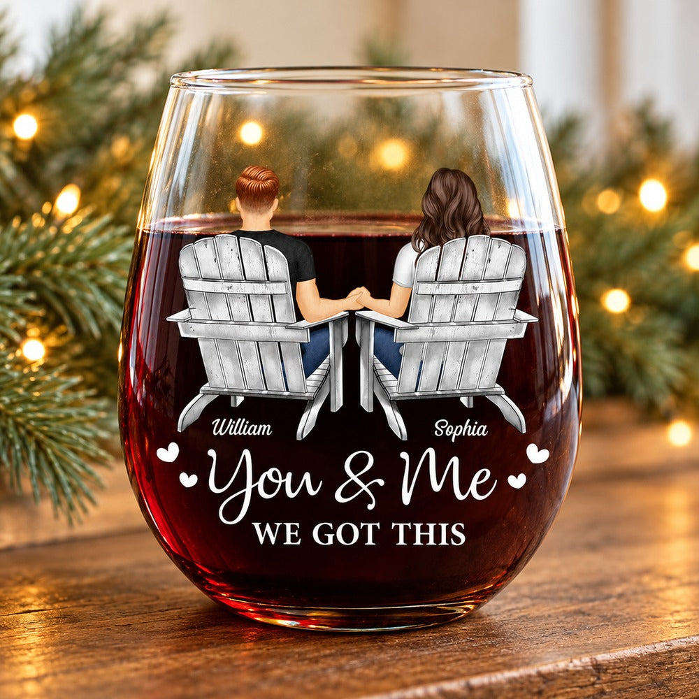 Personalized couple stemless wine glass with William and Sophia design on holiday mantel
