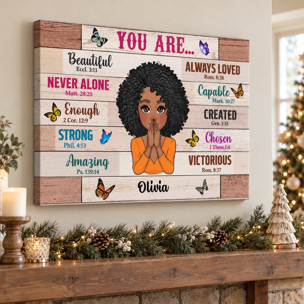 You Are Beautiful Woman personalized horizontal canvas hanging above holiday mantel