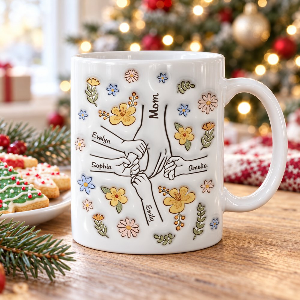 Personalized Mom holding hands ceramic mug on wooden table with holiday cookies and Christmas tree