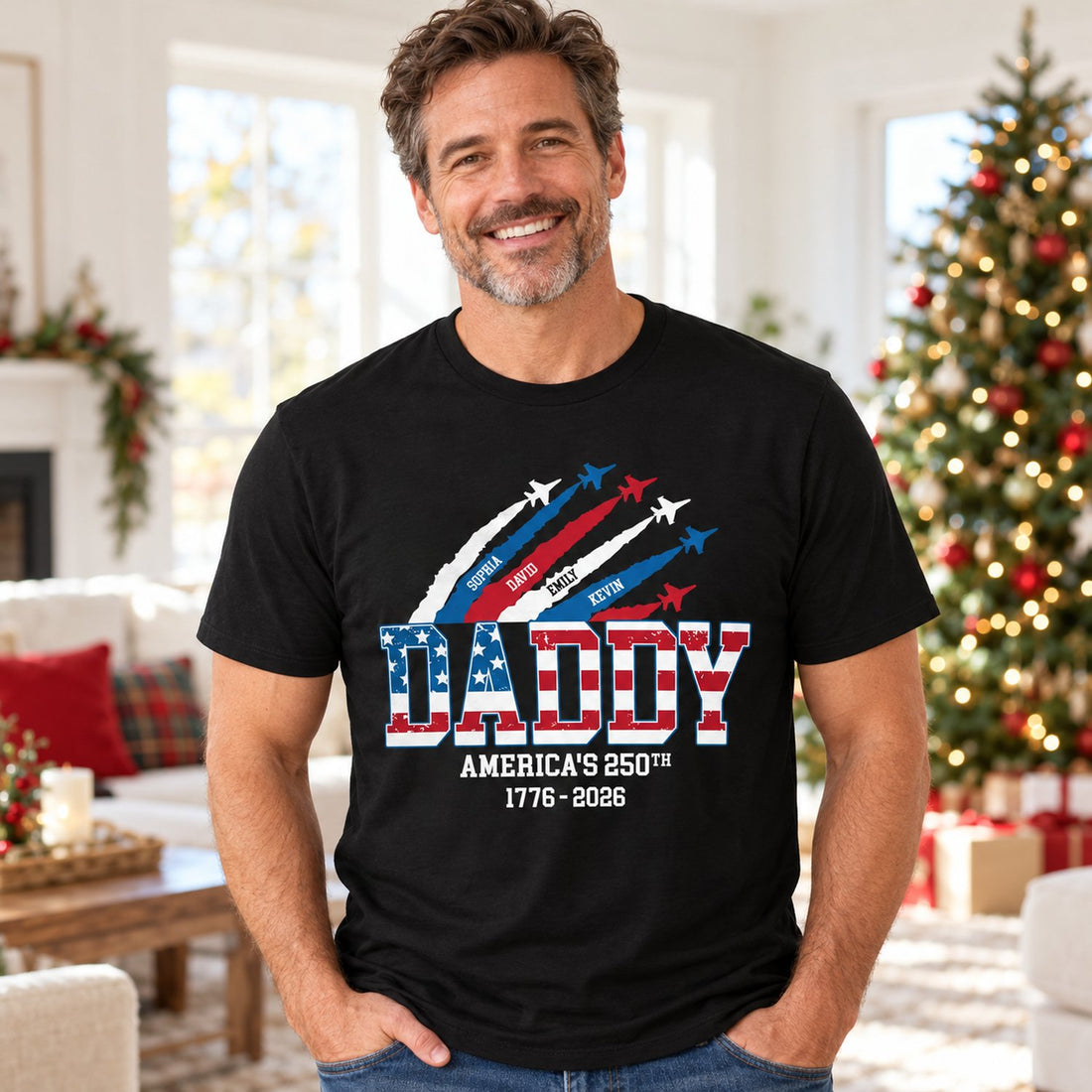 Dad wearing personalized Daddy America 250th t-shirt in a bright holiday living room