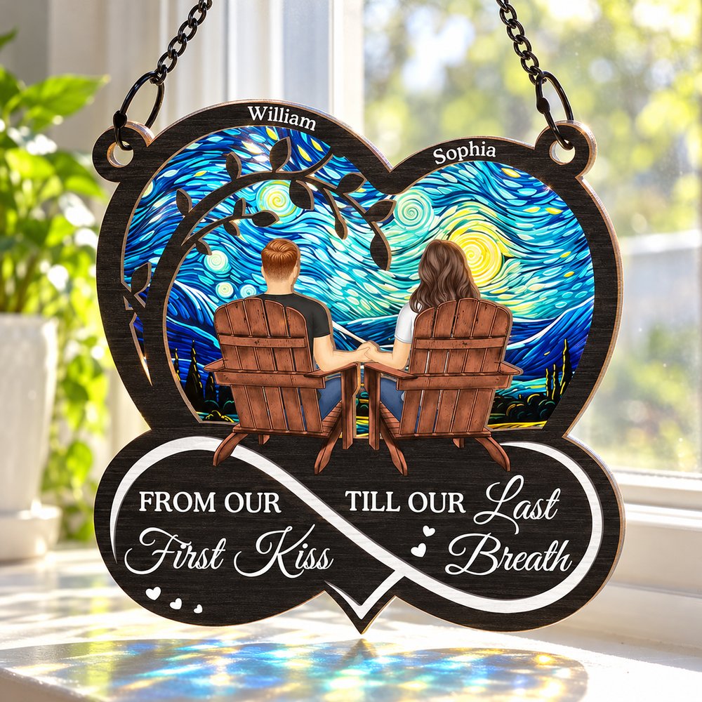 Personalized couple window hanging suncatcher ornament hanging in a sunlit window