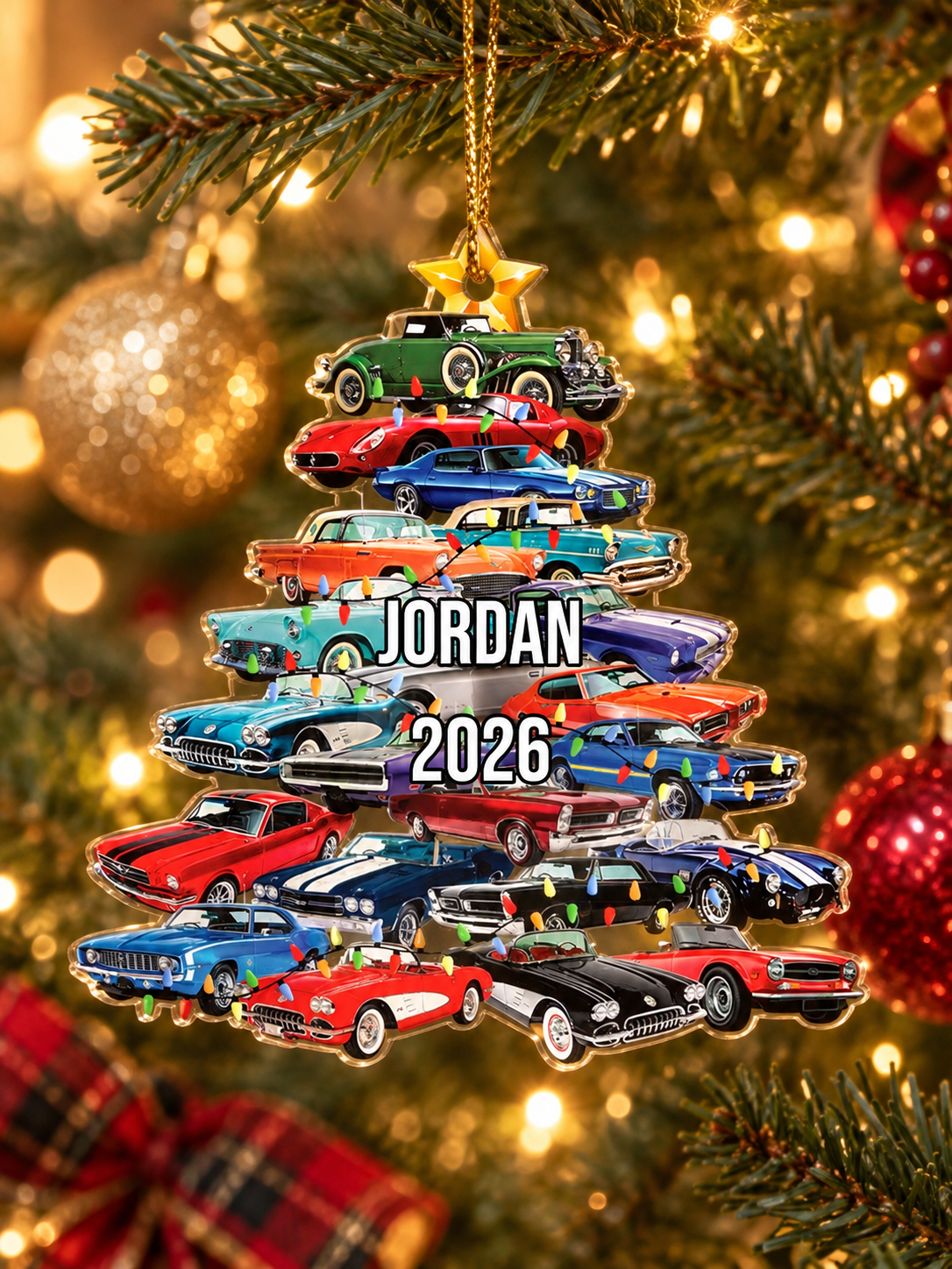 Personalized classic cars Christmas tree acrylic ornament with name Jordan 2026 on a Christmas tree