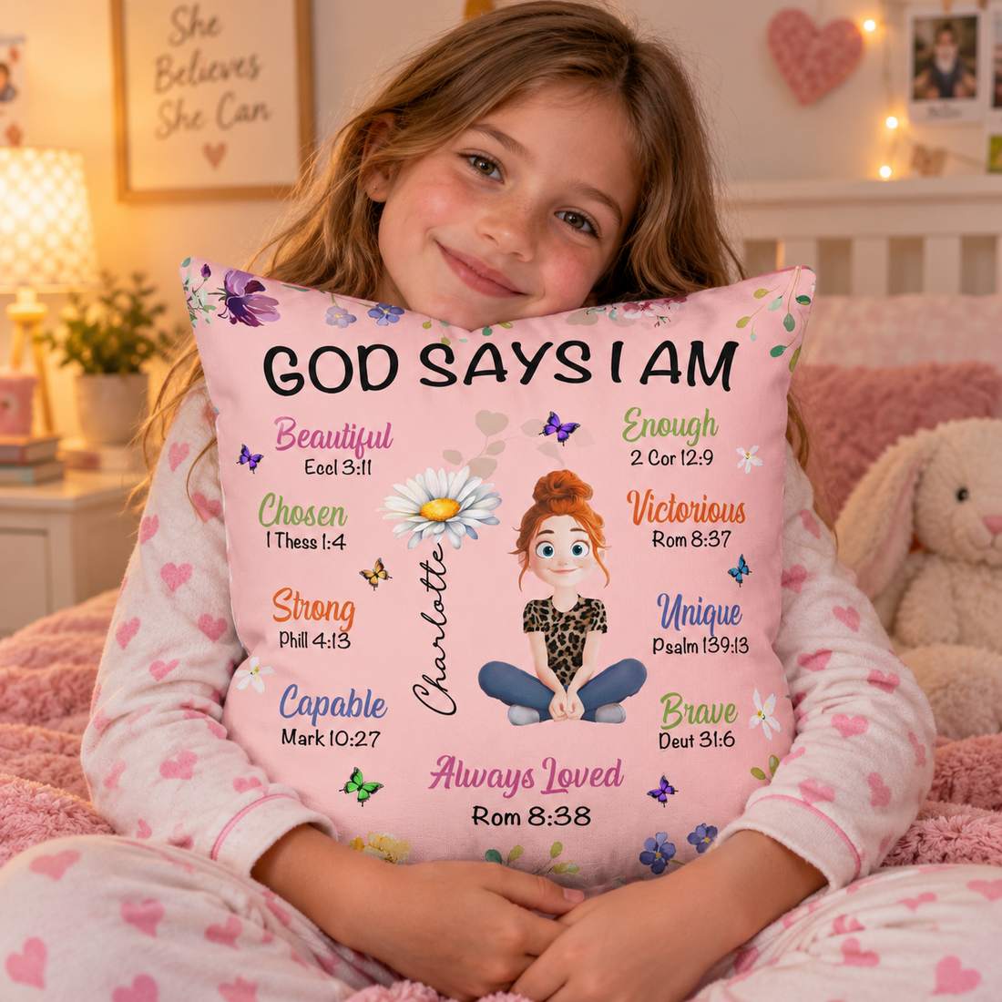 Girl hugging a pink God Says I Am birth flower personalized pillow on her bed